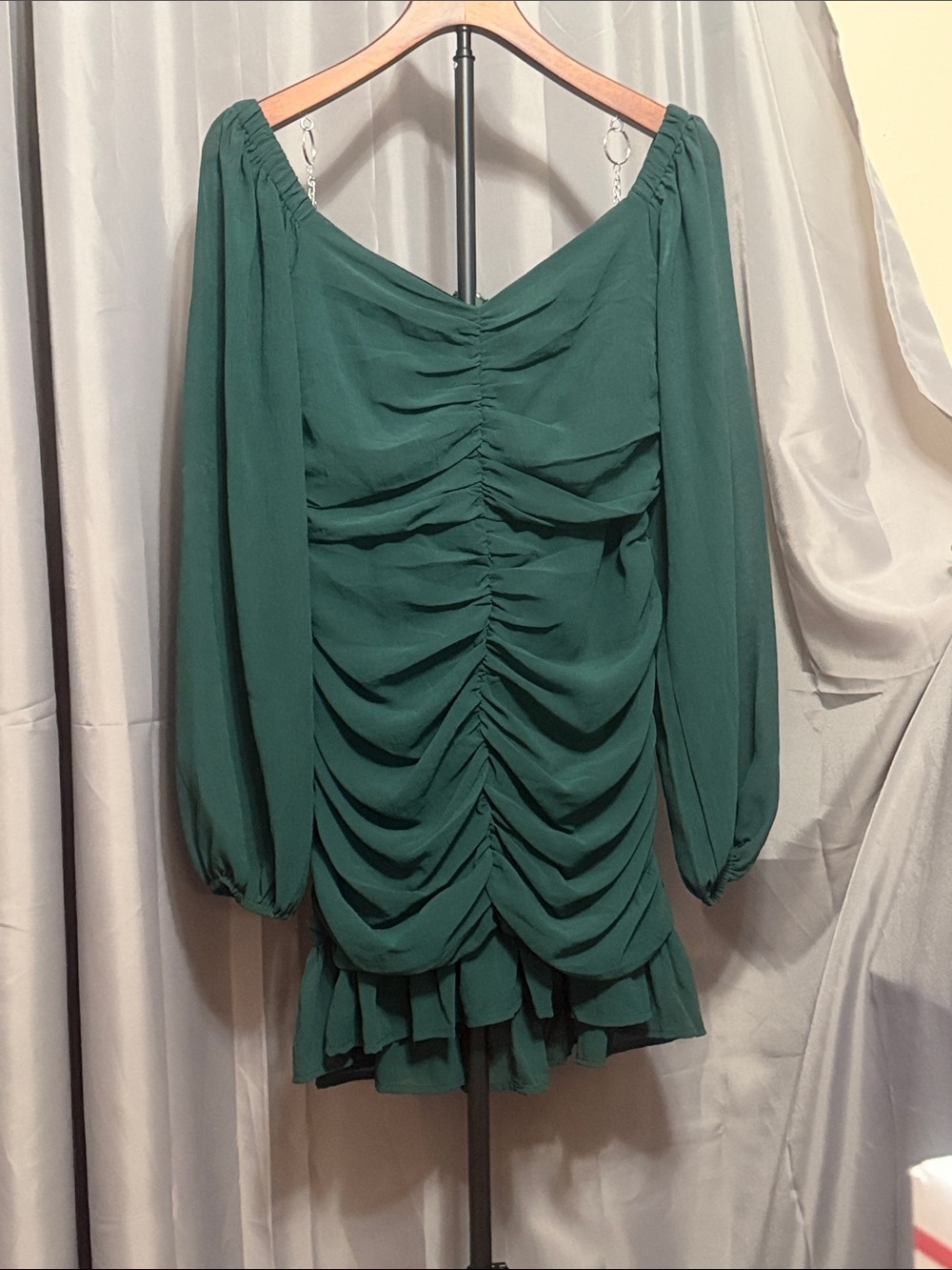 She + Sky Emerald Green Ruched Long-Sleeve Mini Dress